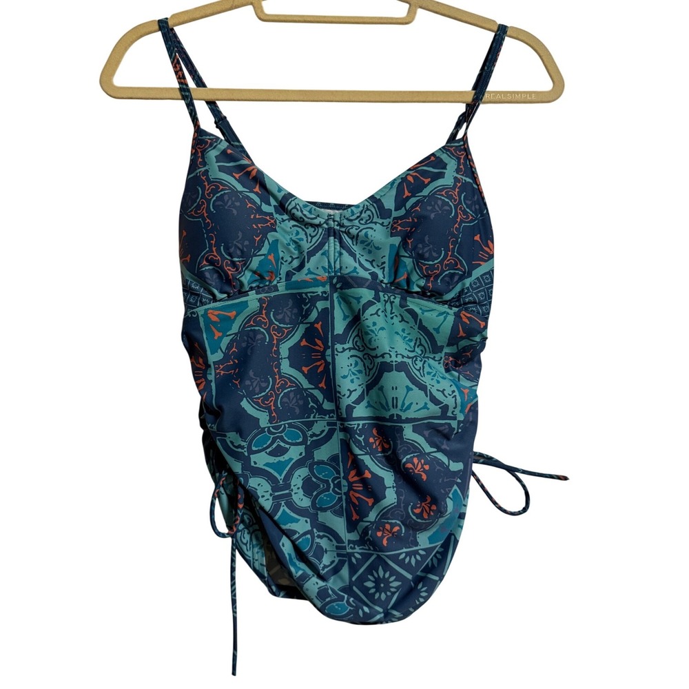 Prana Blue Teal Tile Print Cinch Side Tankini Swim Top Womens Small